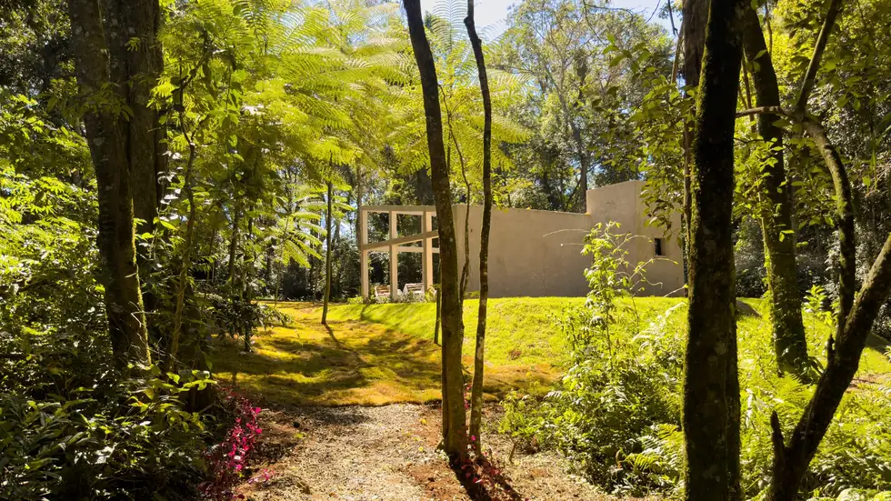 Bosque preservado do Vivendas do Bosque, com a Capela Ecumênica em construção ao fundo