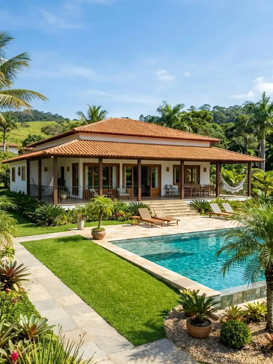 Casa de campo térrea com varanda ampla e telhado aparente