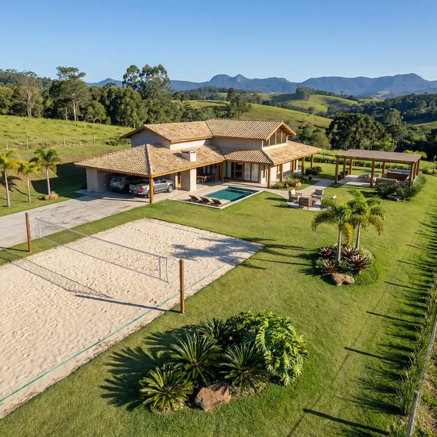 Varanda de casa de campo integrada ao jardim